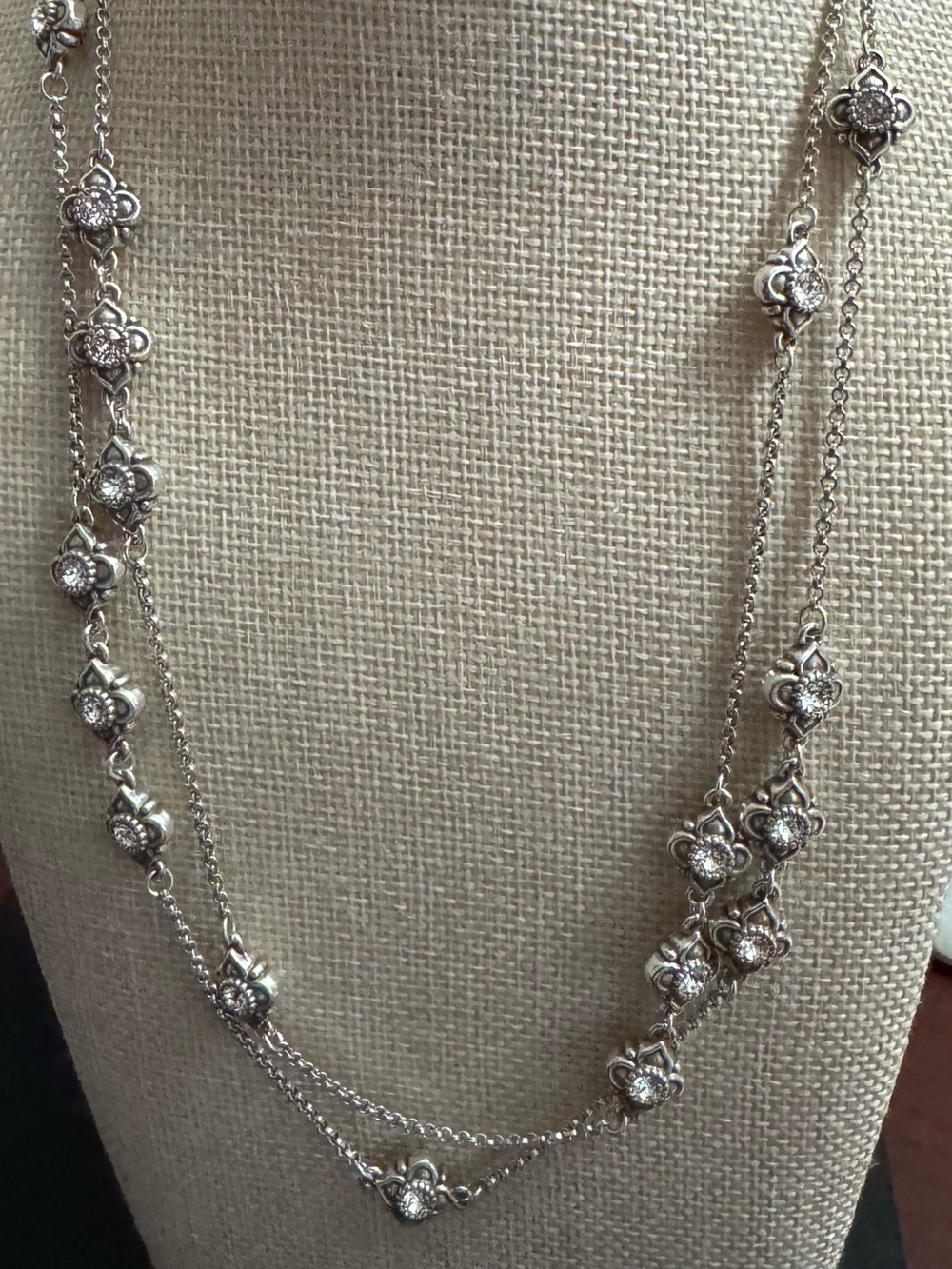 Brighton Silver-tone Sizzling Floral w/CZ Stations 50”Long Necklace